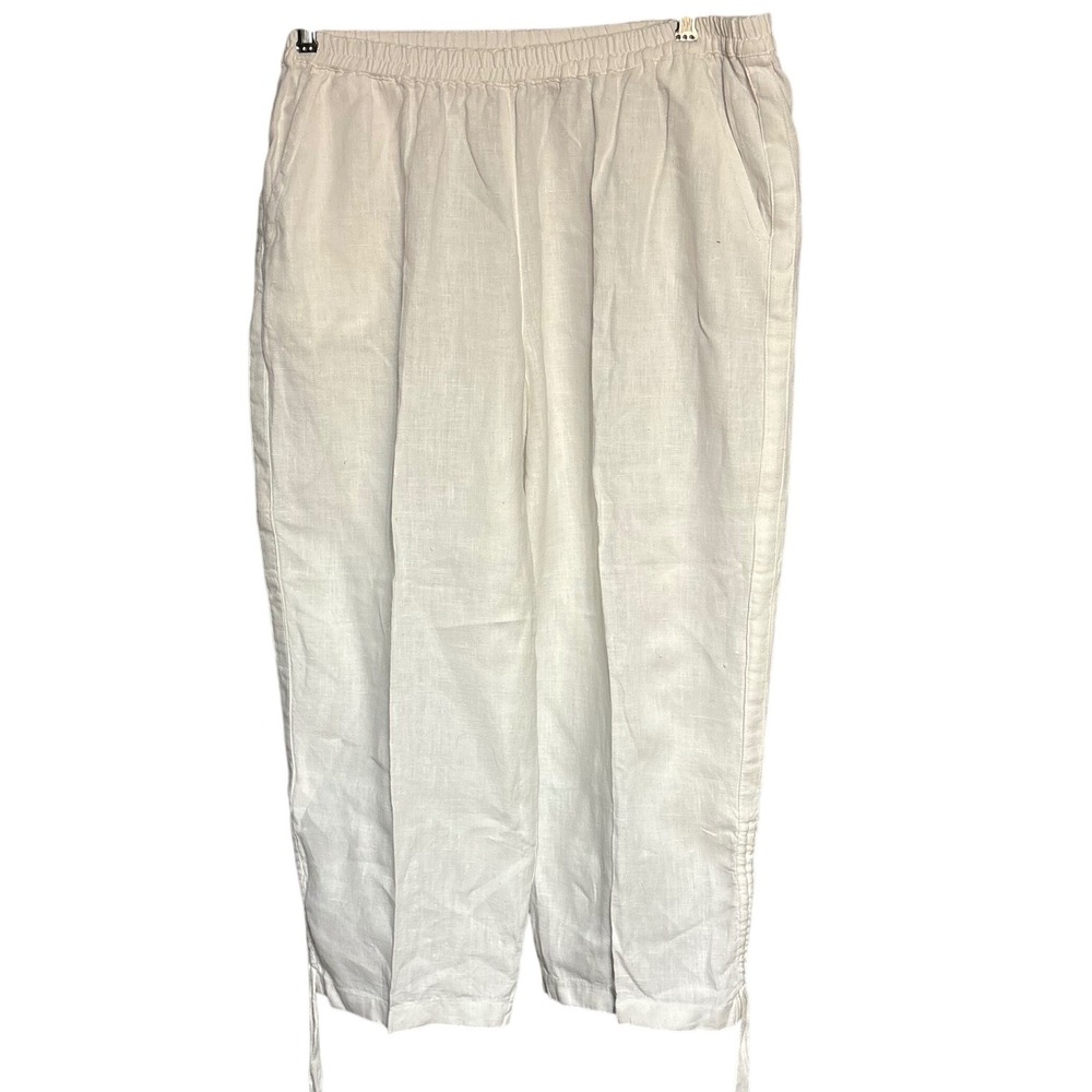 Chico's White 100% Linen Cropped Old Money Pants Elastic Waist Drawstring S3 XL